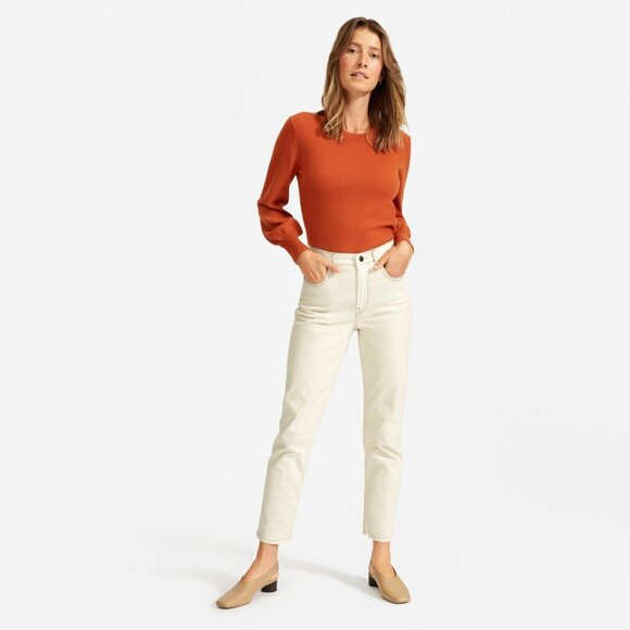 EVERLANE Orange 100% Cashmere Knit Lantern Sleeve Crew Neck Sweater, Size S - Picture 2 of 13